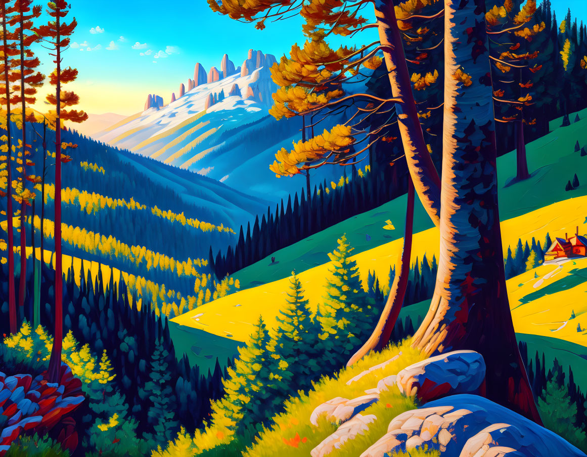 Digital Art: Serene Valley with Cabin, Pine Trees, Hills, and Snowy Mountains