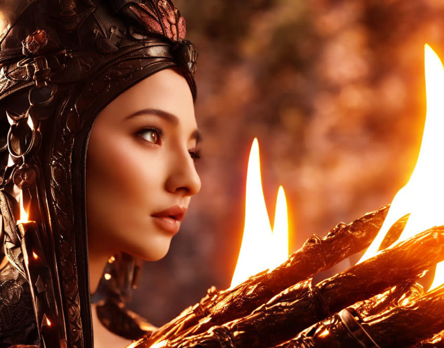 Woman in ornate headdress with flames in warm glow against autumn backdrop