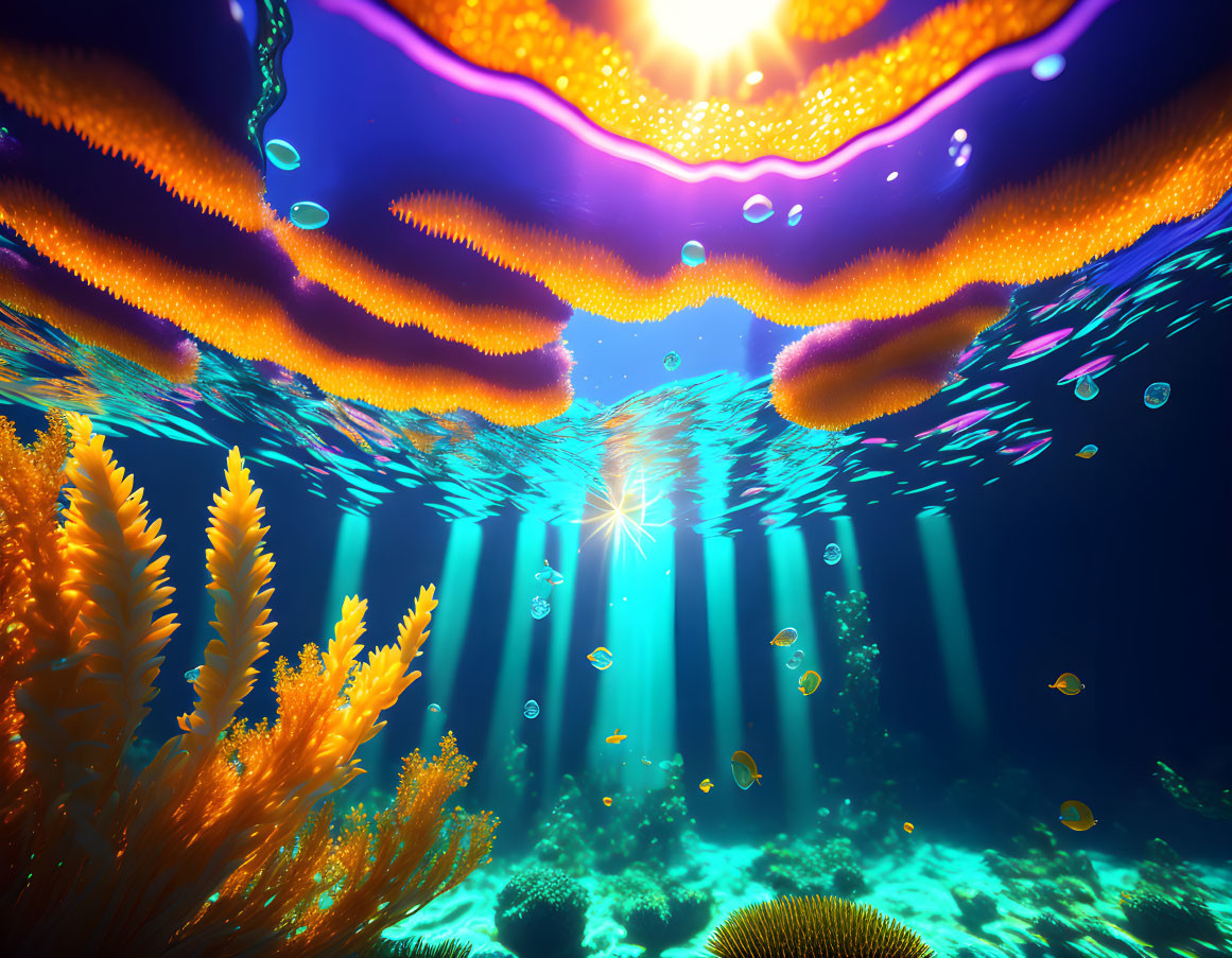 Colorful Coral Reefs and Fish in Sunlit Underwater Scene