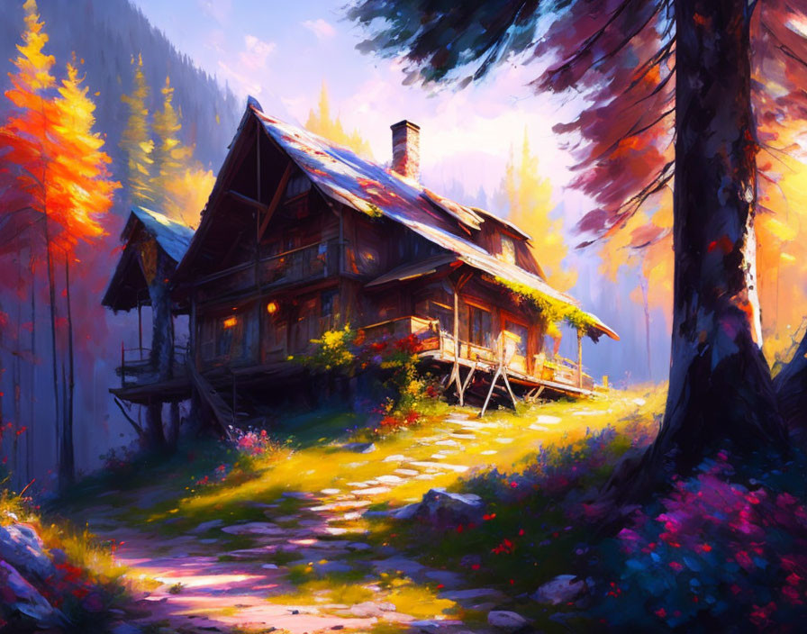 Autumnal forest painting: Cozy cabin with warm light and stone path