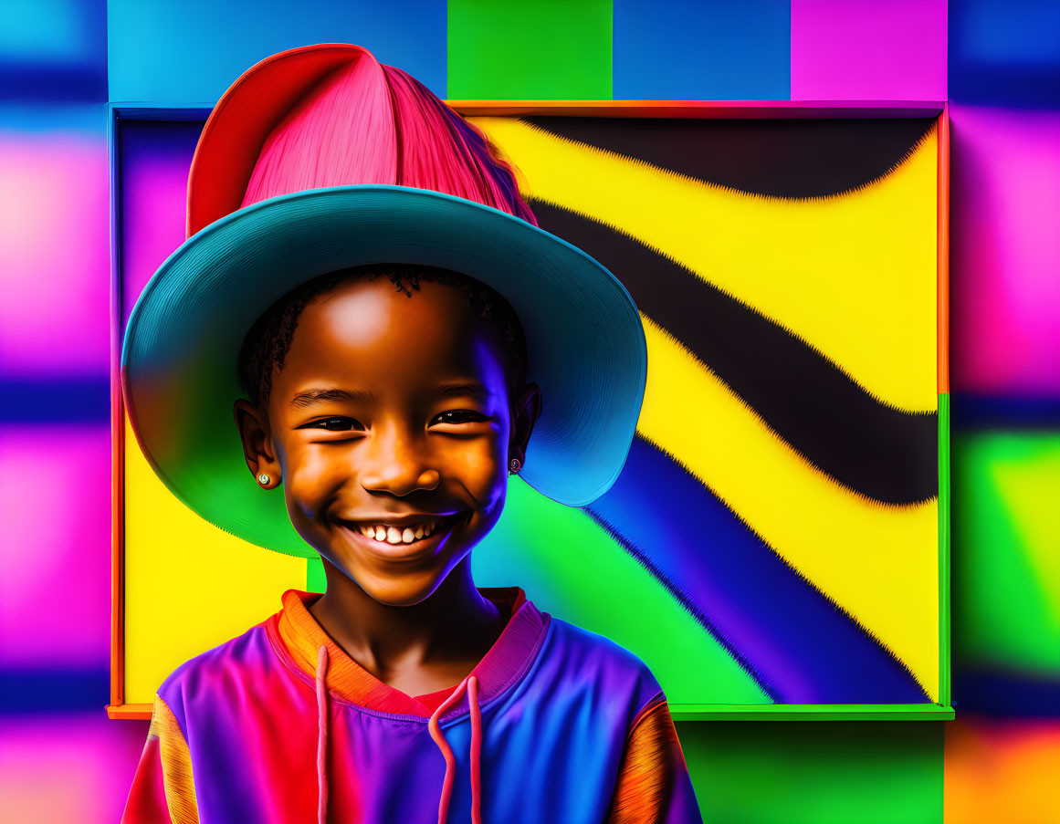 Colorful digital artwork: Smiling child in vibrant attire on psychedelic background