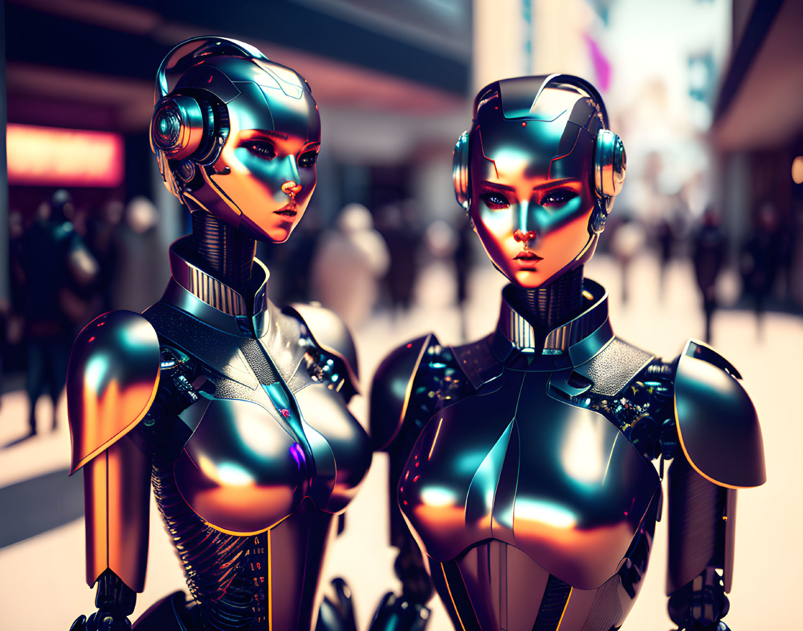 Detailed Female Humanoid Robots Among Softly Focused Crowd