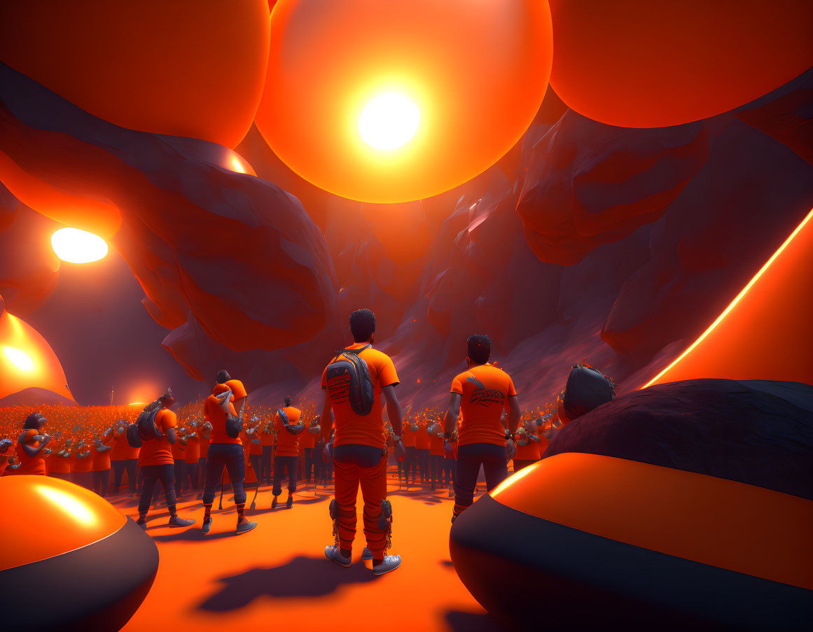 Exploration of orange and red alien landscape with glowing orbs and rocky terrain