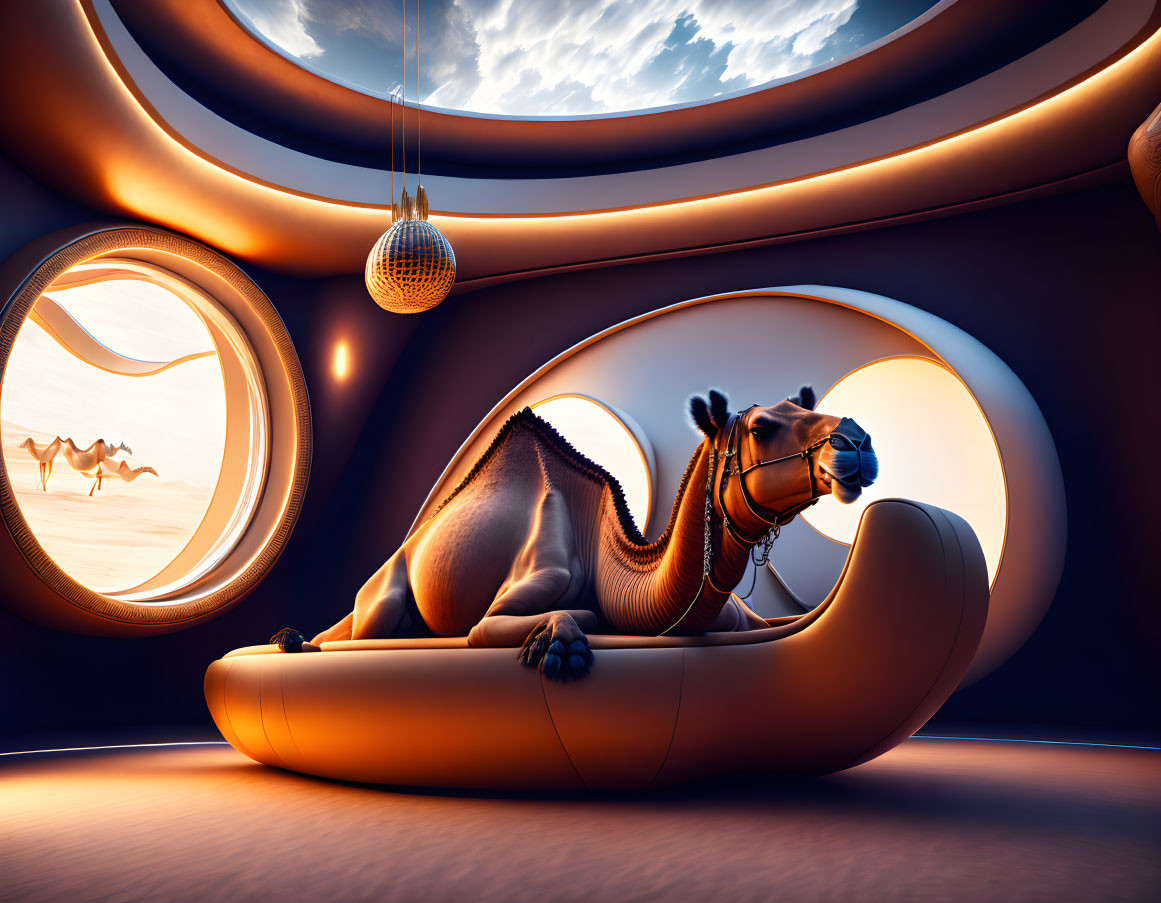 Camel lounging on modern couch in stylish room with sunset view and disco ball