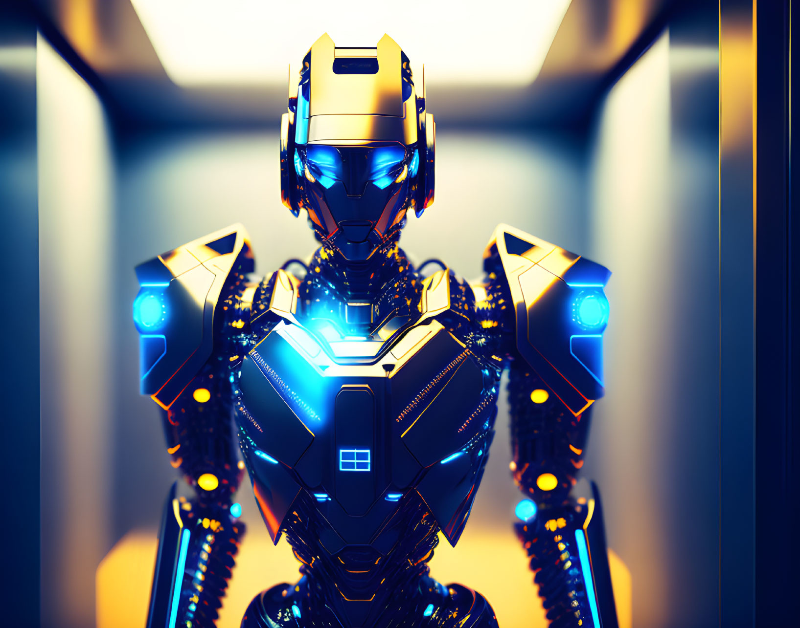 Futuristic robot with golden helmet in illuminated corridor