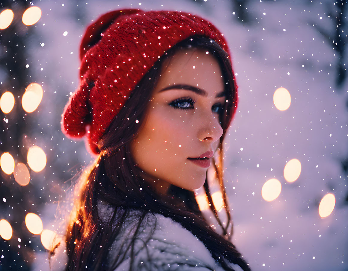 Woman in Red Beanie Surrounded by Snowflakes and Blurred Lights