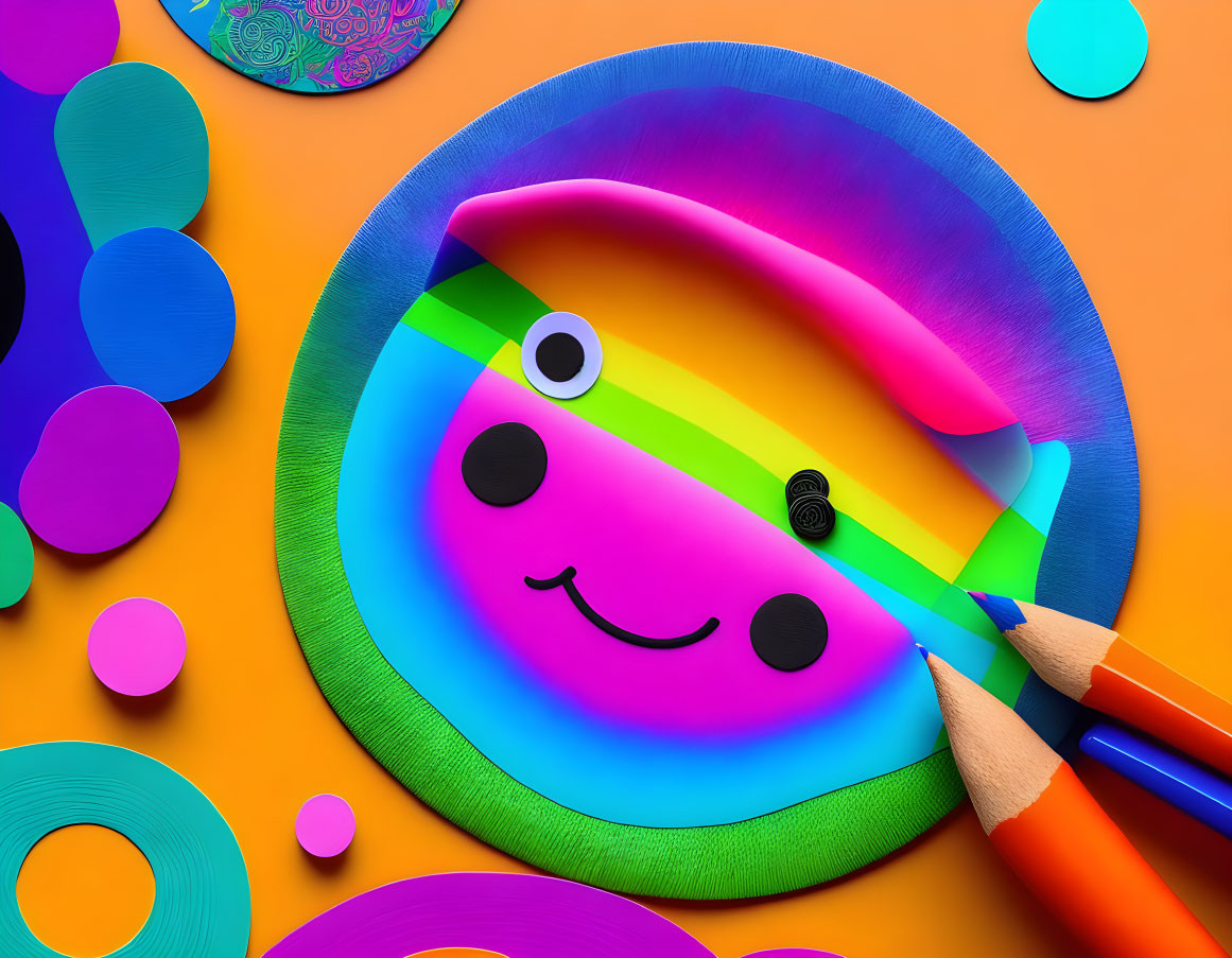 Colorful abstract art with smiling face, circles, and pencils on vibrant orange background