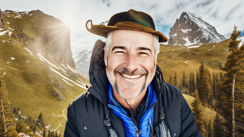 Smiling man with hat in outdoor mountain setting