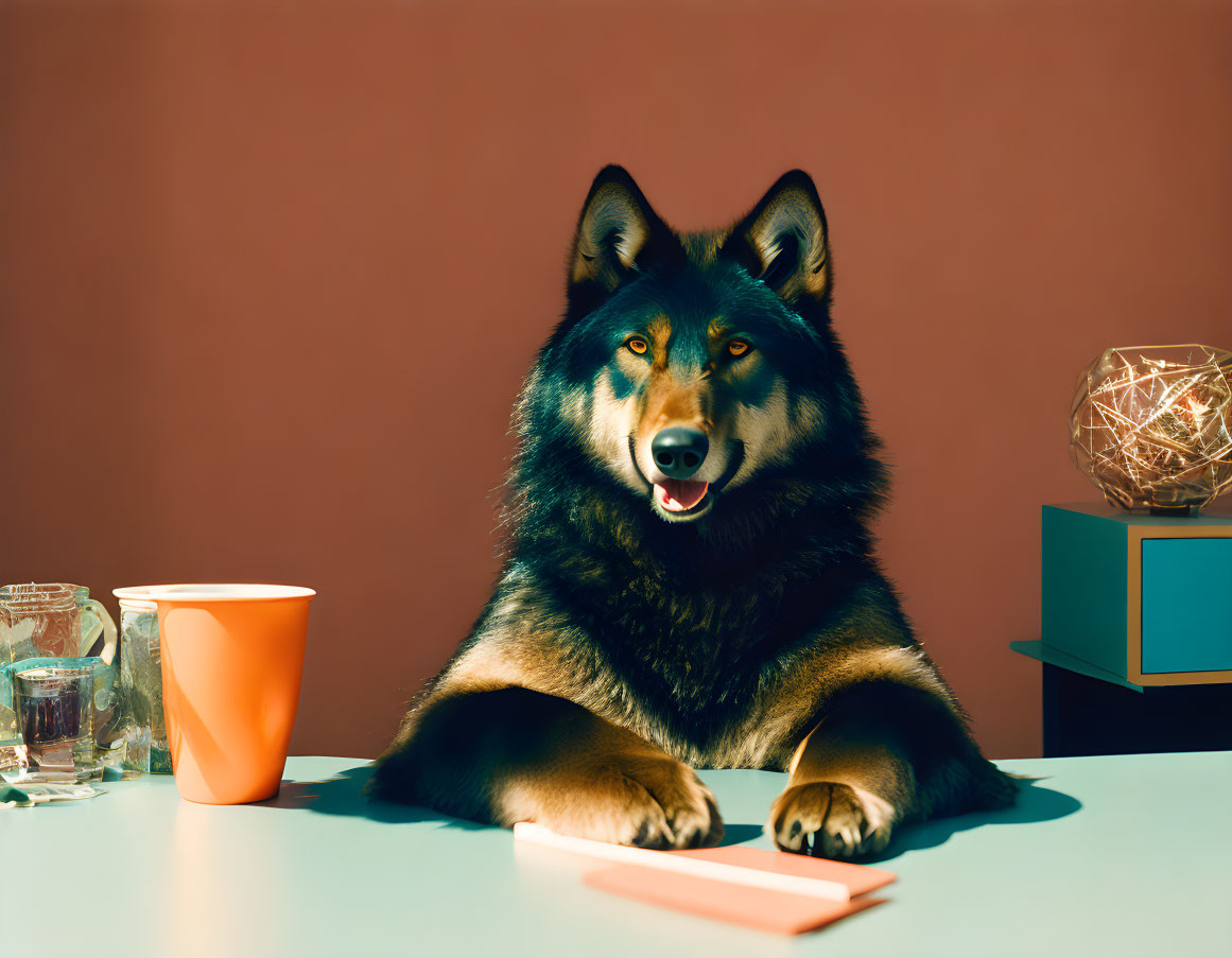 Dog at desk with orange cup, notepad, glass sphere, and organizer on pink background