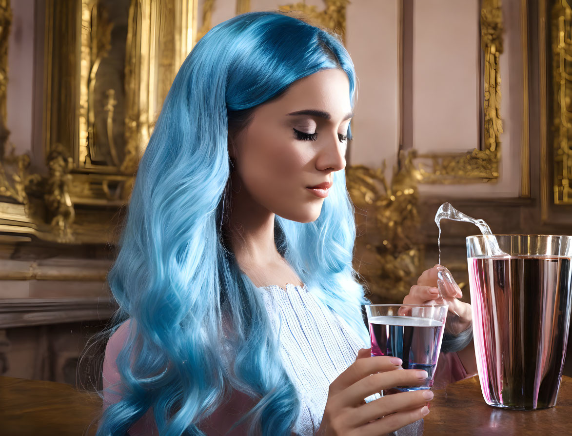 Woman with Bright Blue Hair Pouring Liquid in Luxurious Room