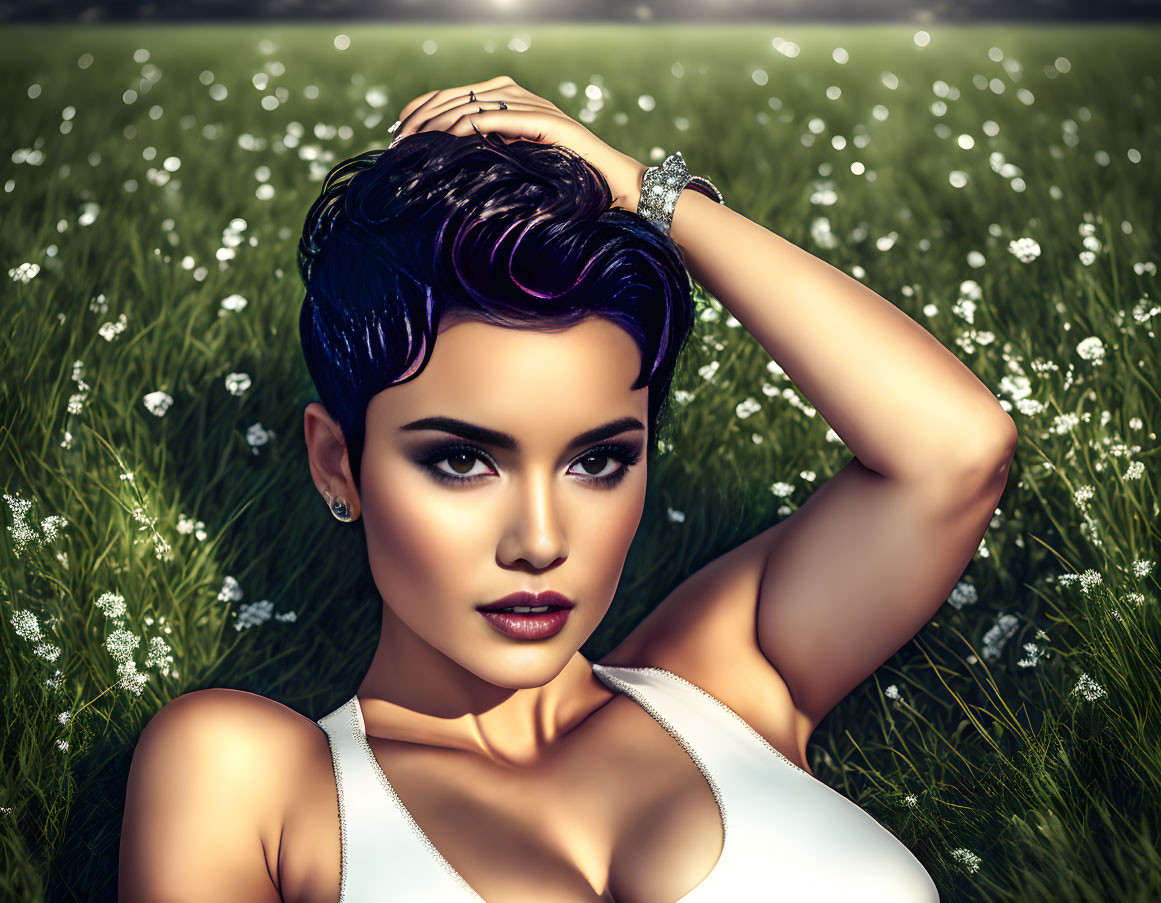 Stylized 3D rendering of woman with purple hair in grass field with white flowers