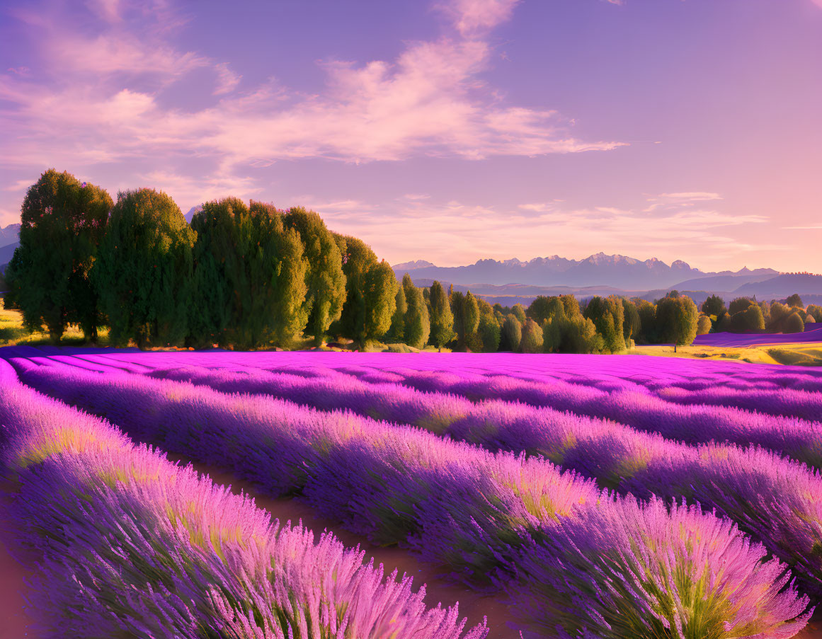 Lavender field at sunset with pink sky, green trees, and mountains