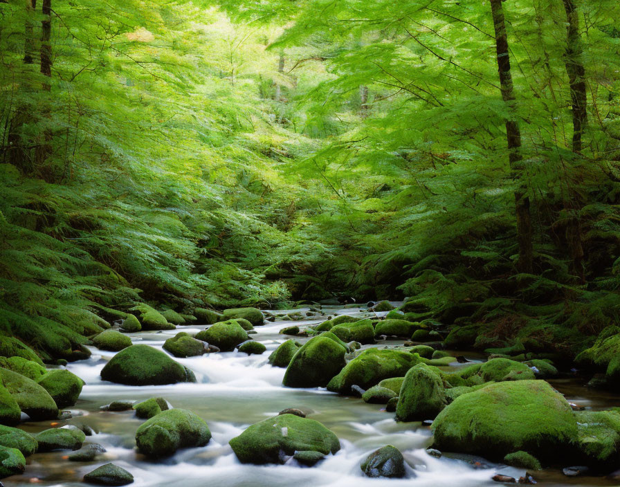 Serene stream flows through lush green forest