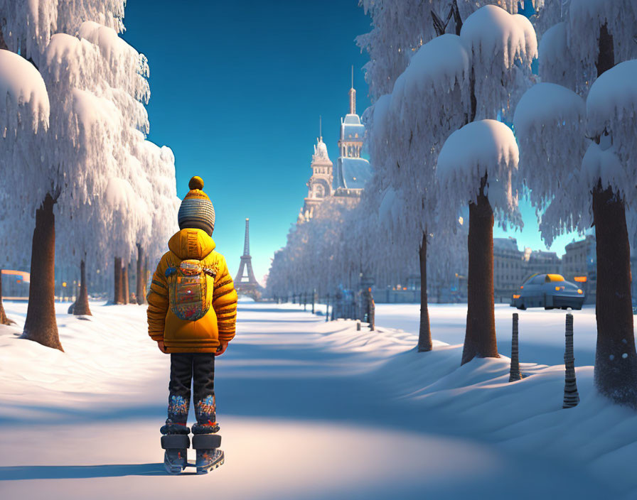 Child on skateboard in winter scene with Eiffel Tower in background