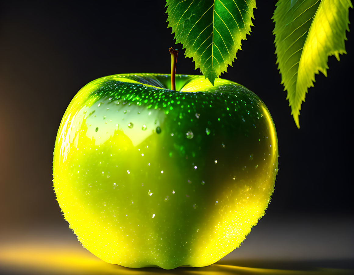 Vibrant green apple with dew and leaves on dark background