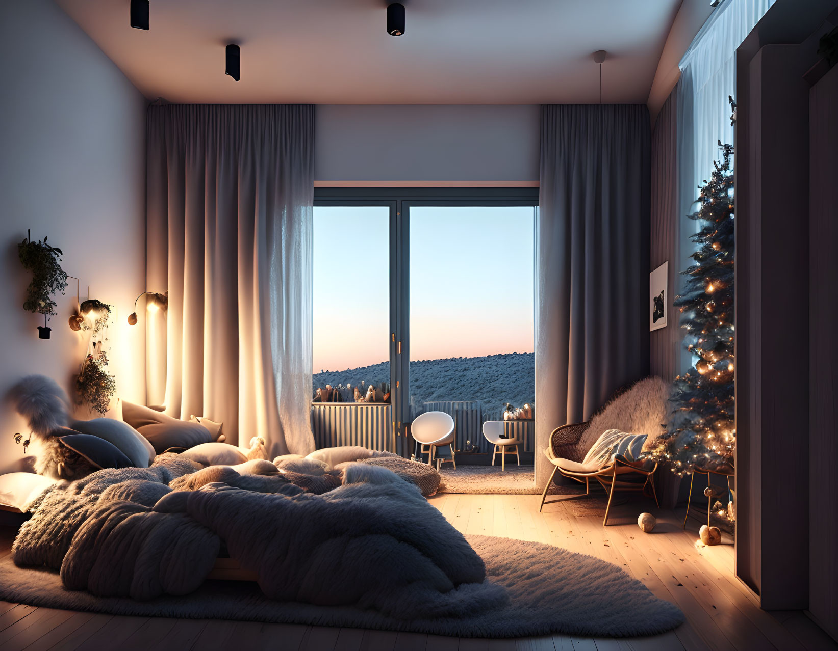 Festive Christmas-themed cozy bedroom with wintry landscape view