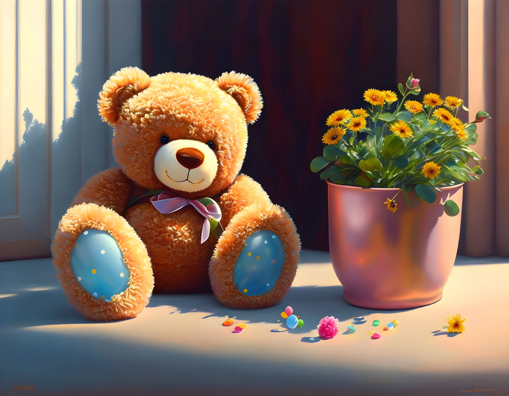 Fluffy teddy bear with yellow flowers in sunlight and shadows