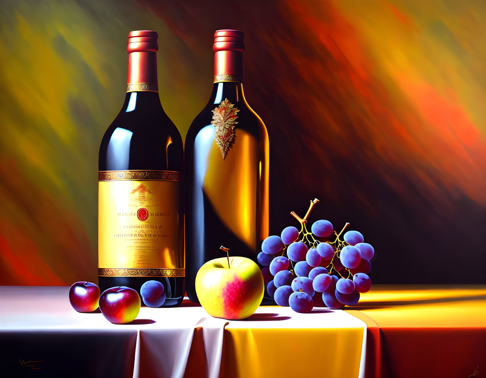 Wine Bottles, Grapes, Apple, Plum on Table with Colorful Background