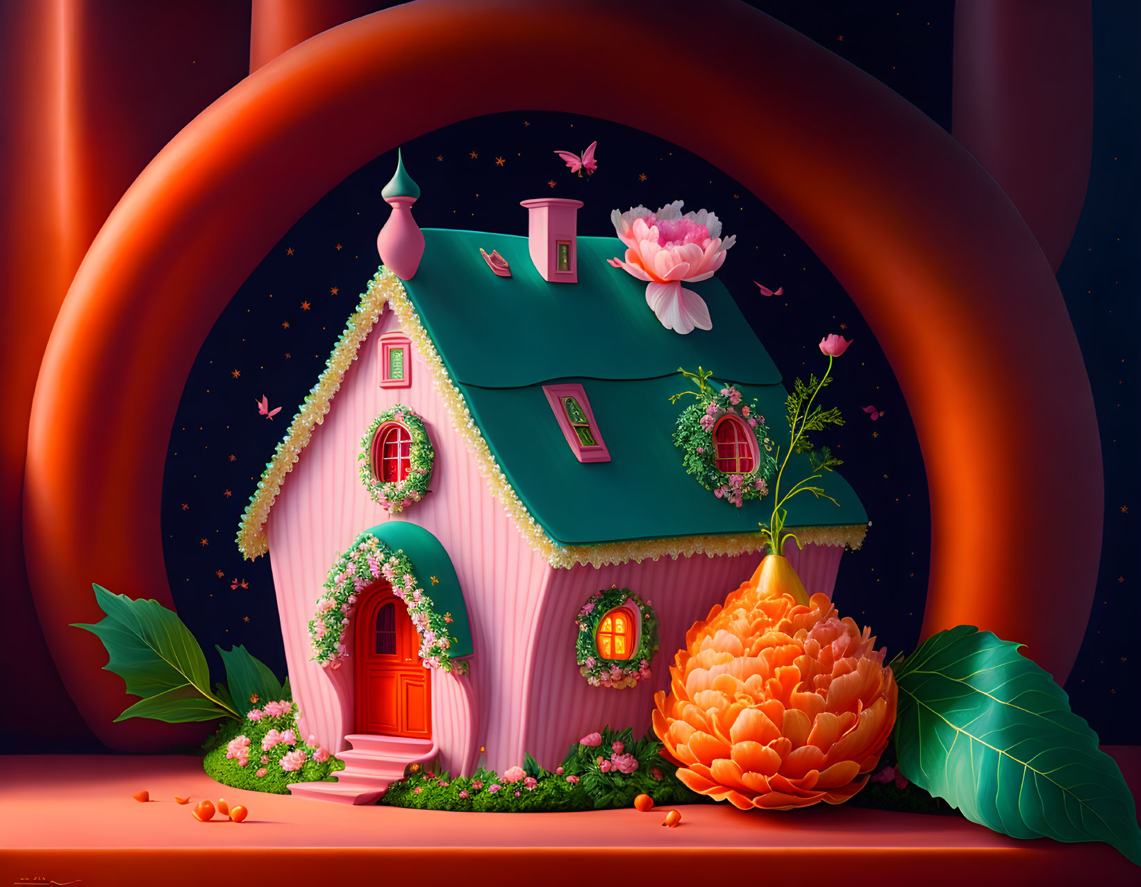 Whimsical pink fairy-tale cottage with green roof and pumpkin