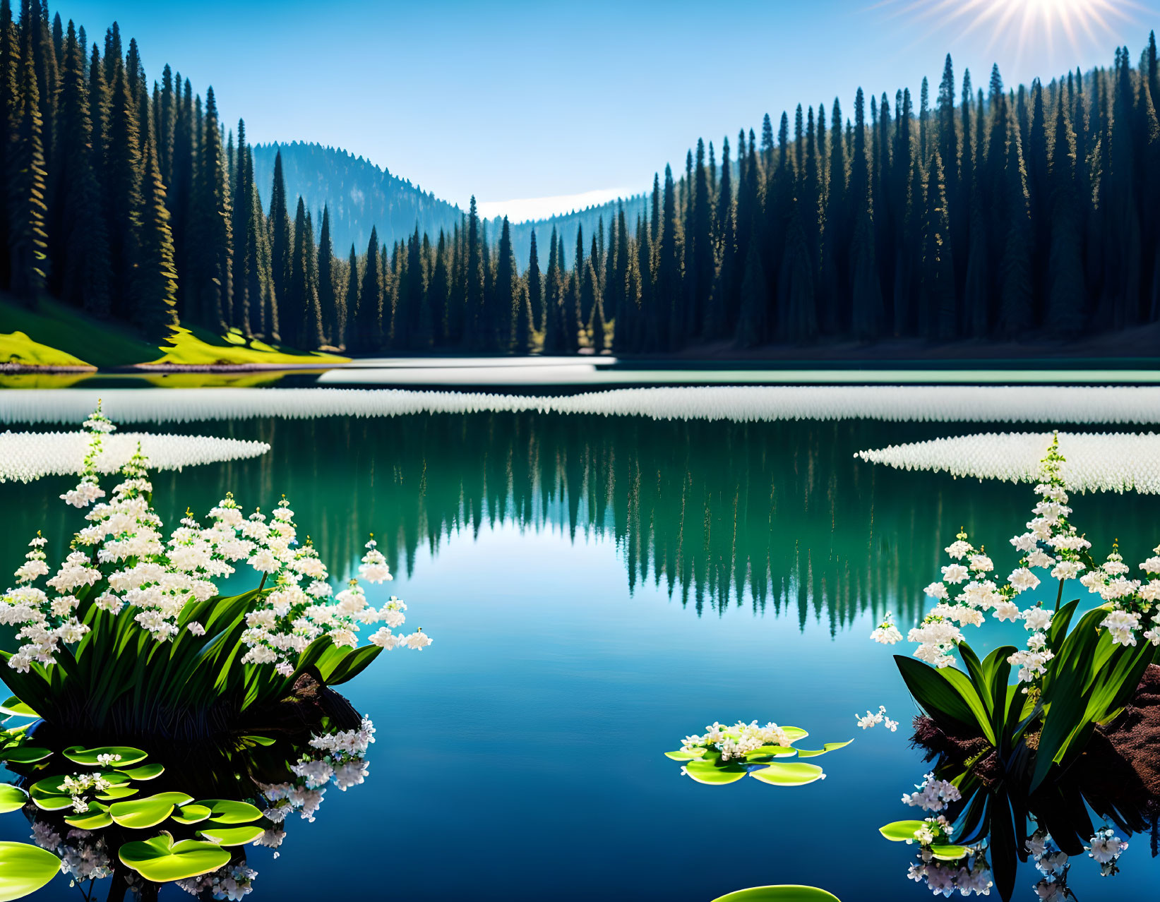 Tranquil lake with pine forests, blue sky, and floating flowers