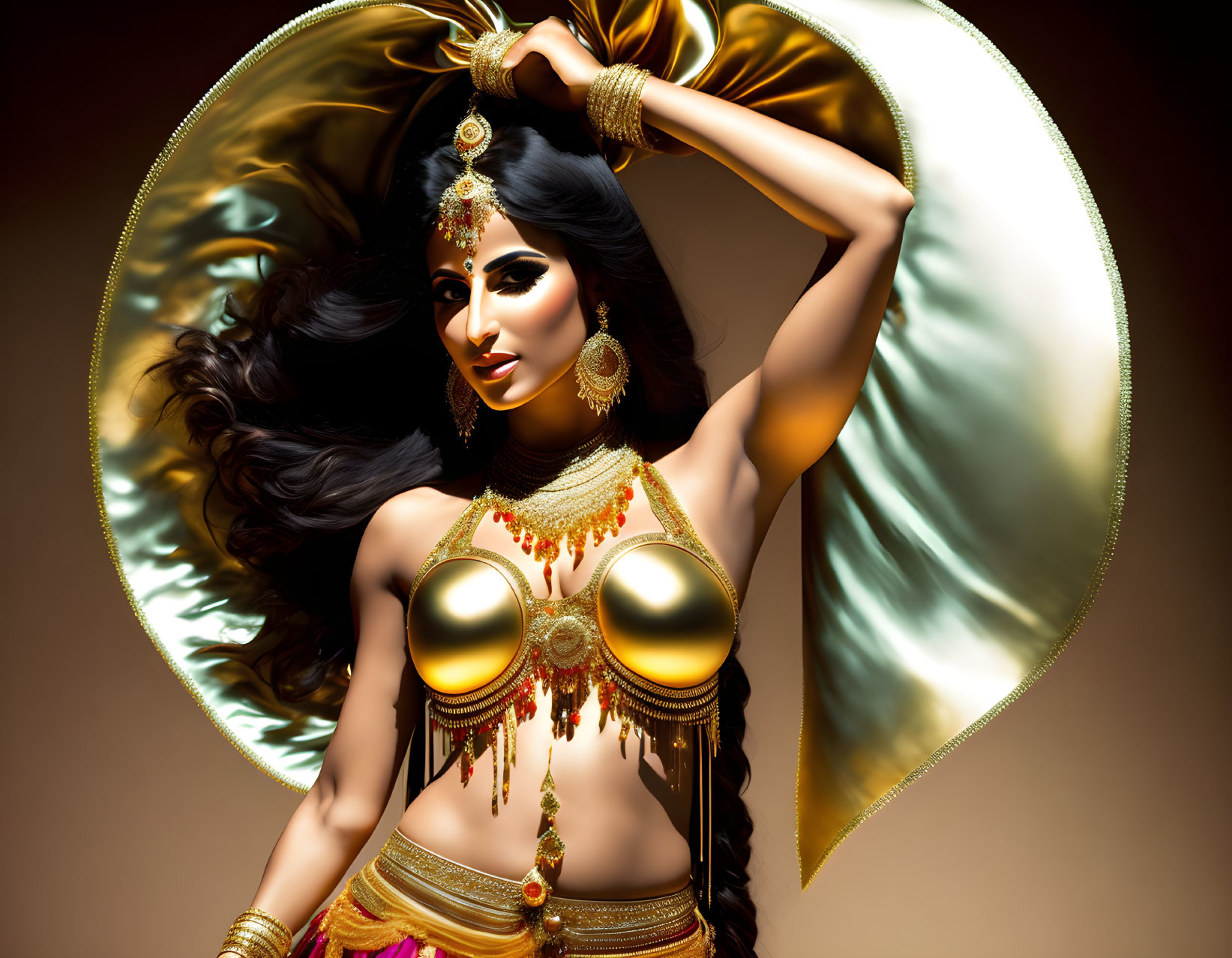 Opulent golden jewelry and costume woman with large silk shawl