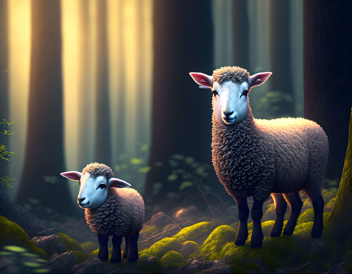 Mystical forest scene with two sheep in warm sunlight