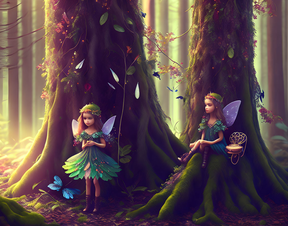 Fairy-like figures with wings in mystical forest with butterflies