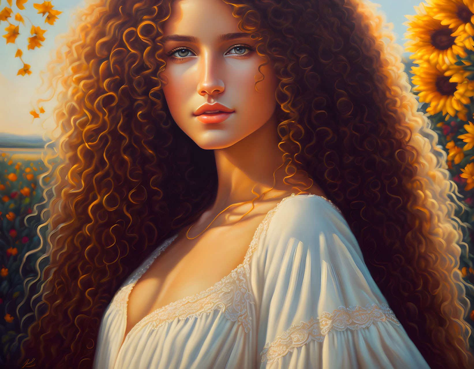 Digital Artwork: Woman with Curly Hair and Blue Eyes in White Blouse among Sunflowers