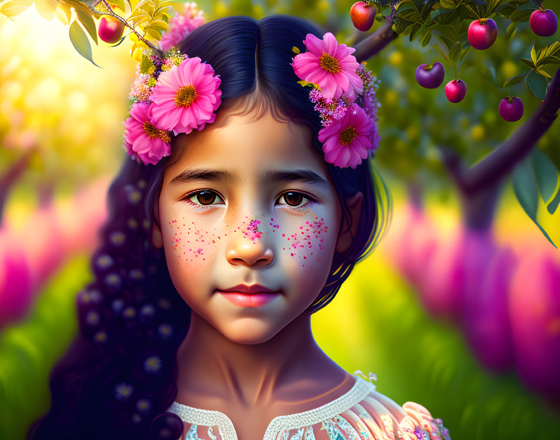 Digital Artwork: Young Girl with Floral Adornments in Nature