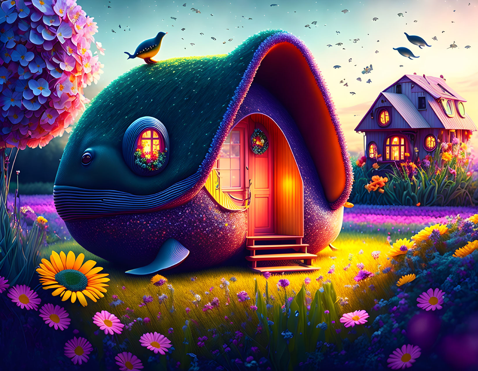 Whimsical whale-shaped house in floral landscape with birds