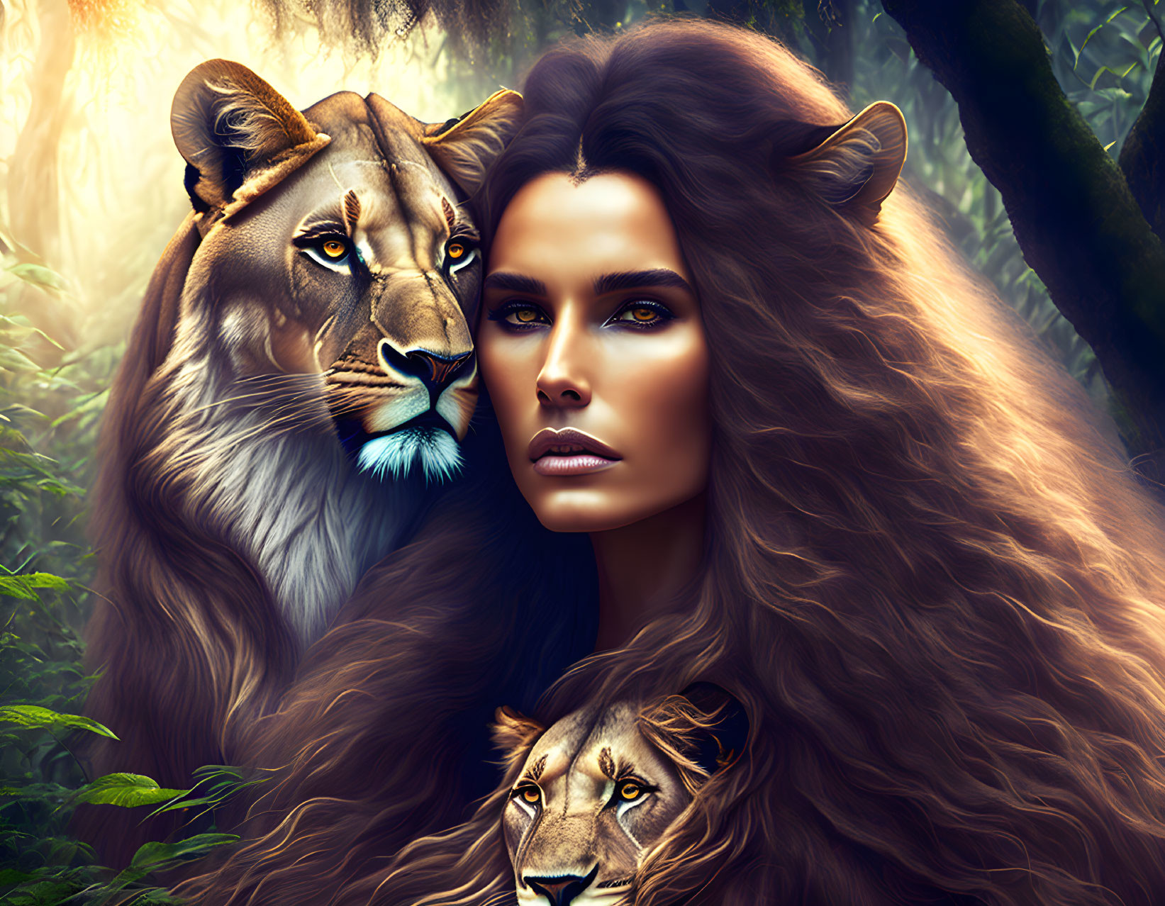 Surrealist image of woman's face blended with lions, intense eyes and flowing hair in misty