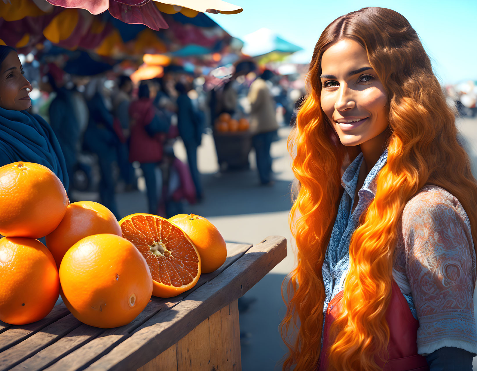 Red-haired woman at outdoor market with oranges on a sunny day