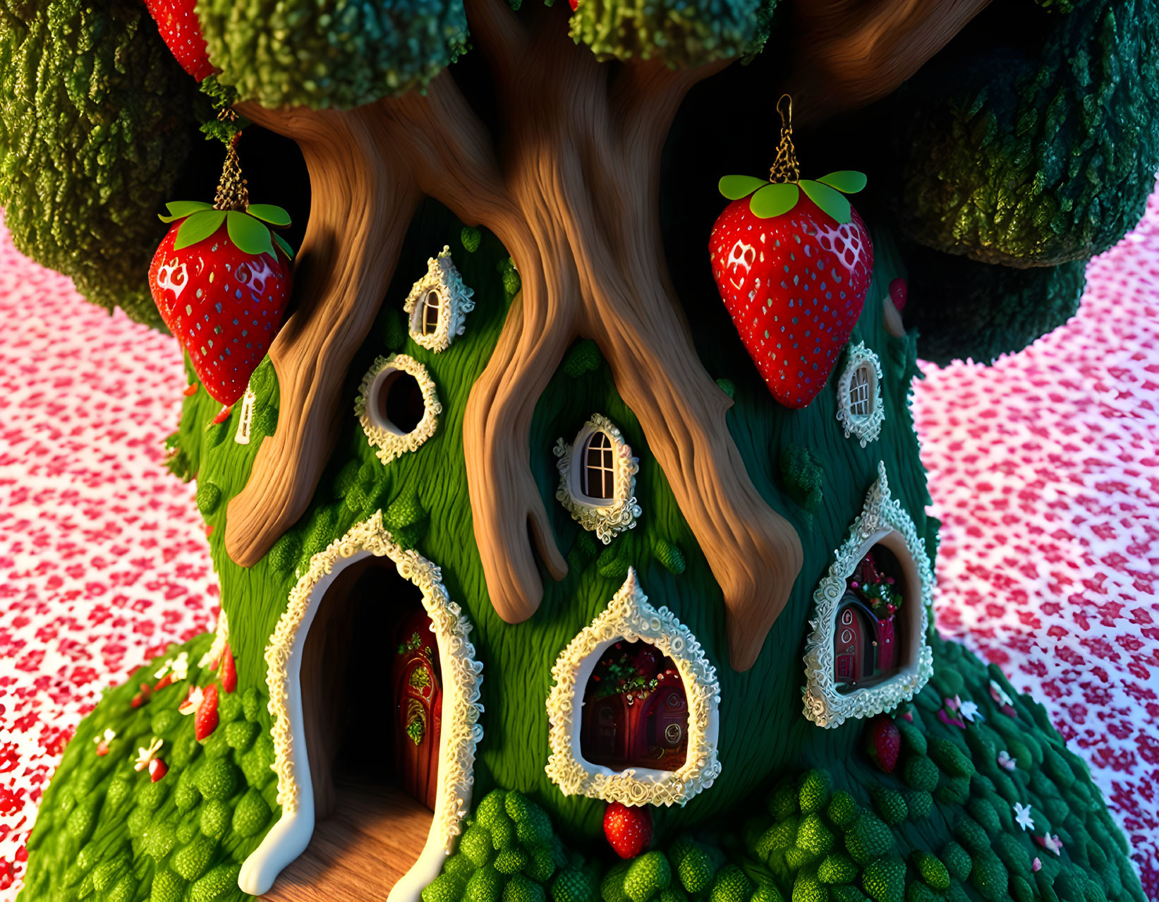 Whimsical treehouse illustration with colorful strawberry adornments