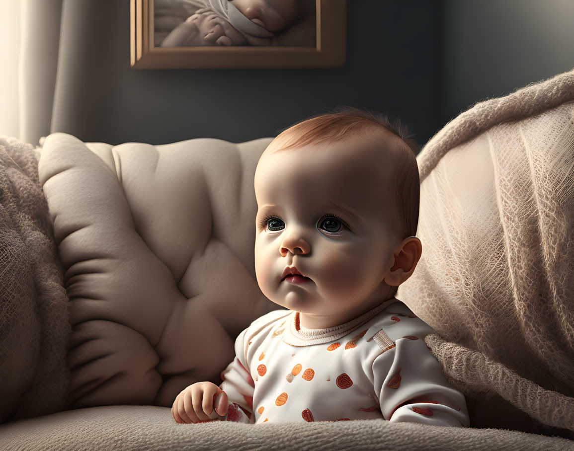 Baby sitting on couch with wide eyes and cushions under soft lighting