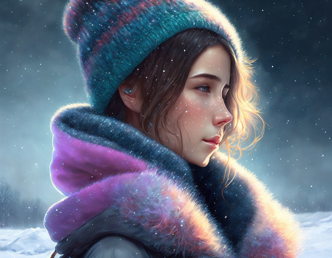 Digital artwork of woman in winter attire with serene expression amid falling snowflakes