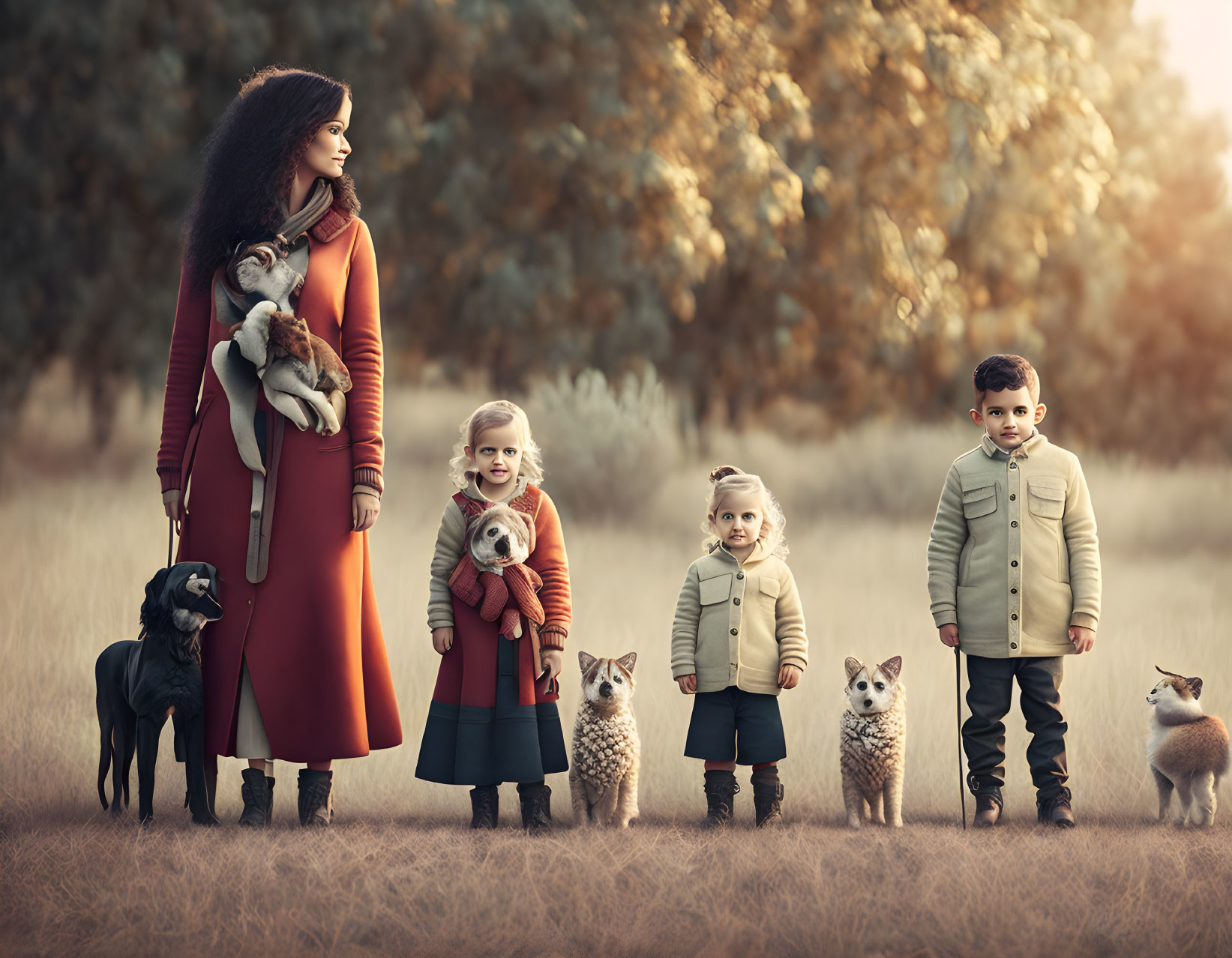 Woman with dogs and children in autumnal field portrait.