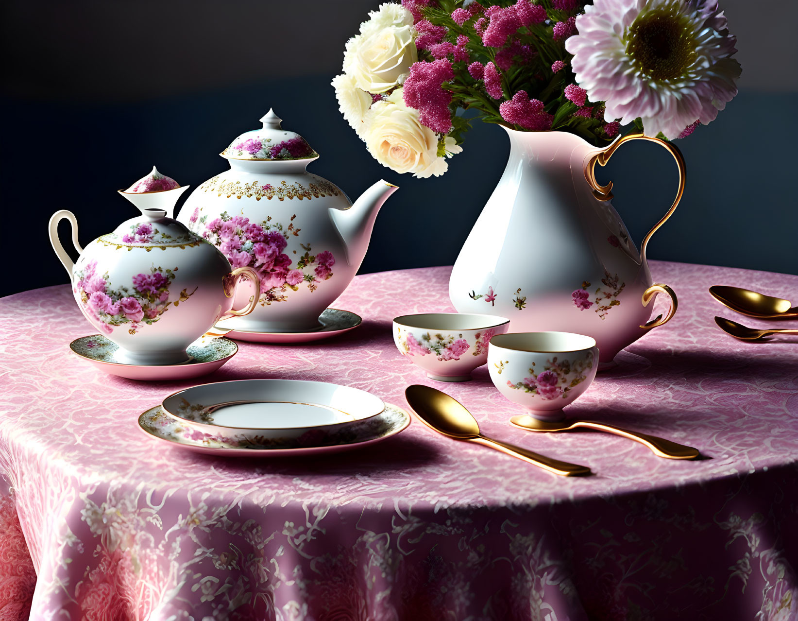 Floral tea set with gold accents on pink tablecloth and white pitcher with flowers