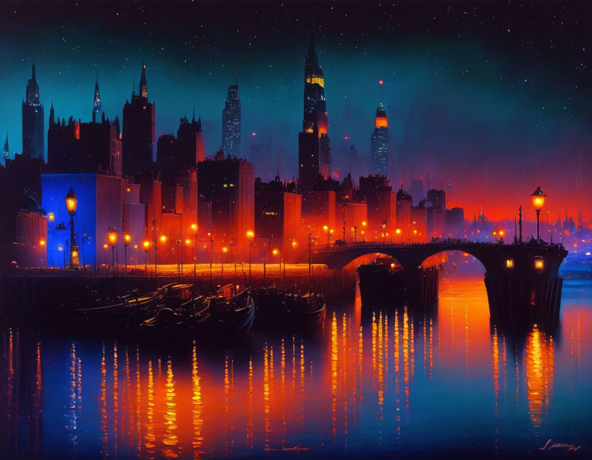 Futuristic cityscape art: vibrant blue and red hues at night