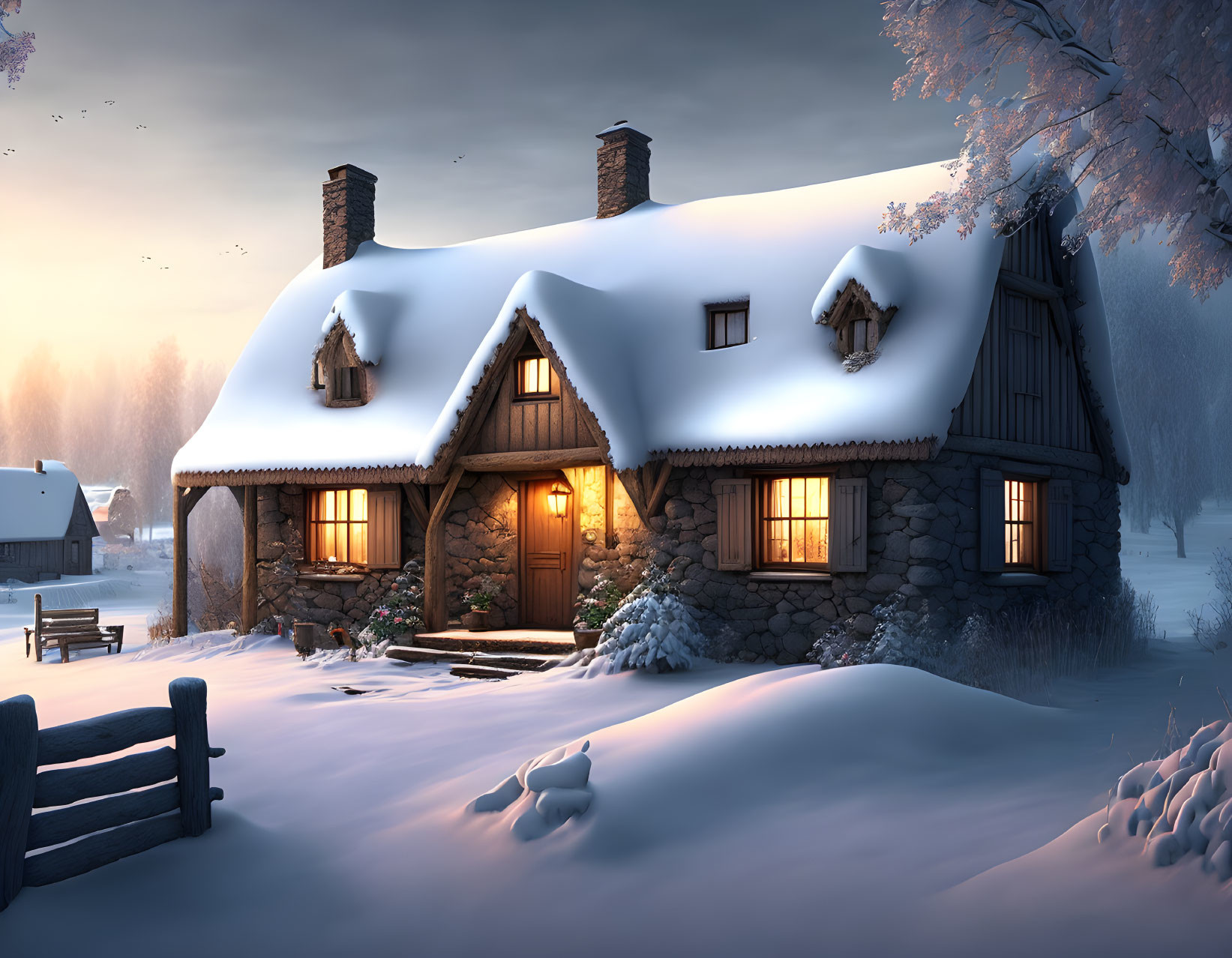 Snow-covered cottage in tranquil winter scene at dusk