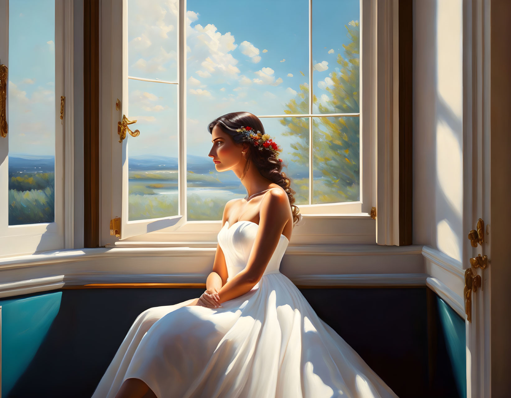 Woman in white dress with floral headpiece gazes out open window