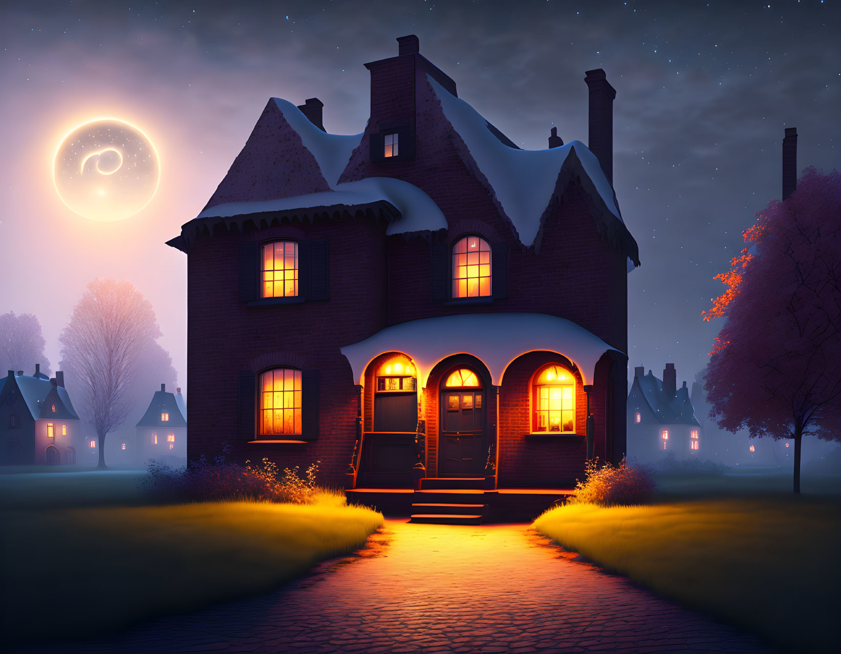 Spooky two-story house on foggy night with crescent moon and stars.