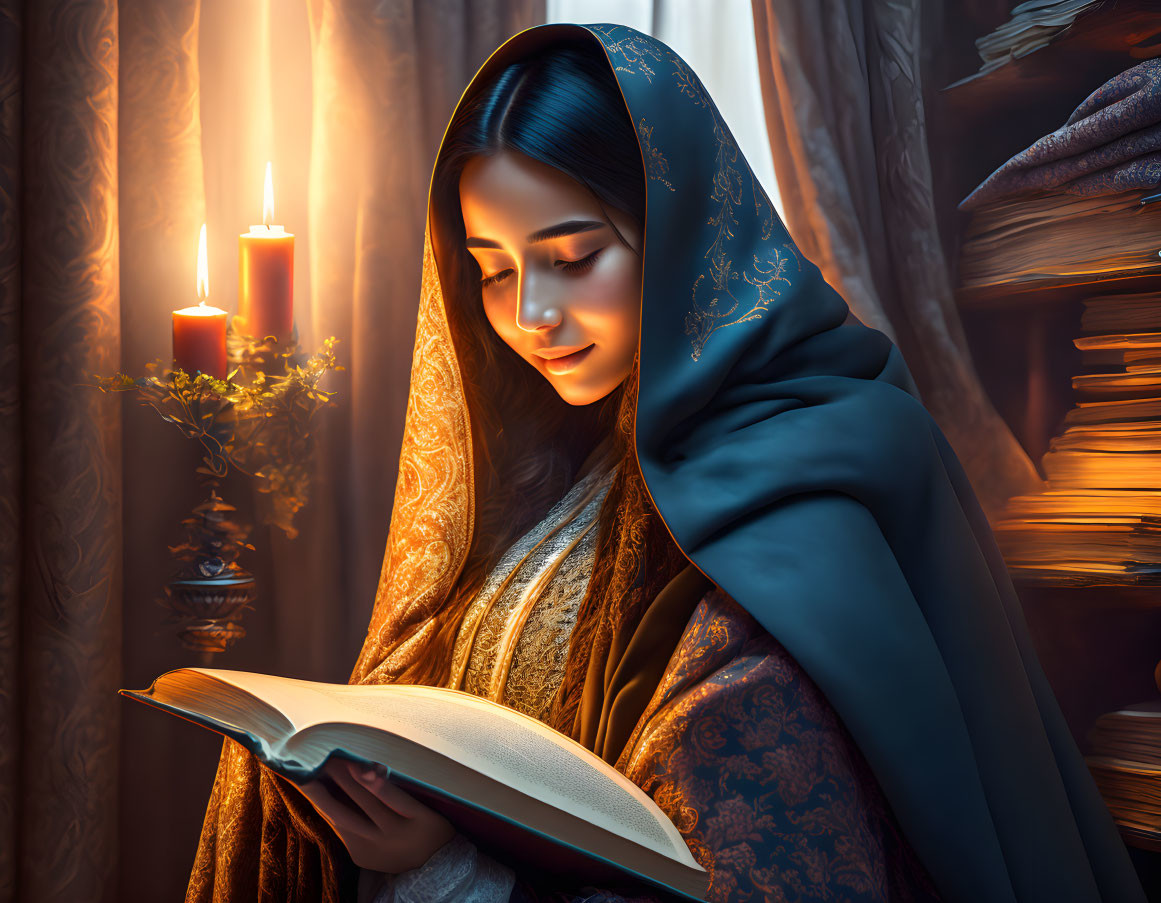 Woman in Blue Headscarf Reading Book Surrounded by Candles and Books