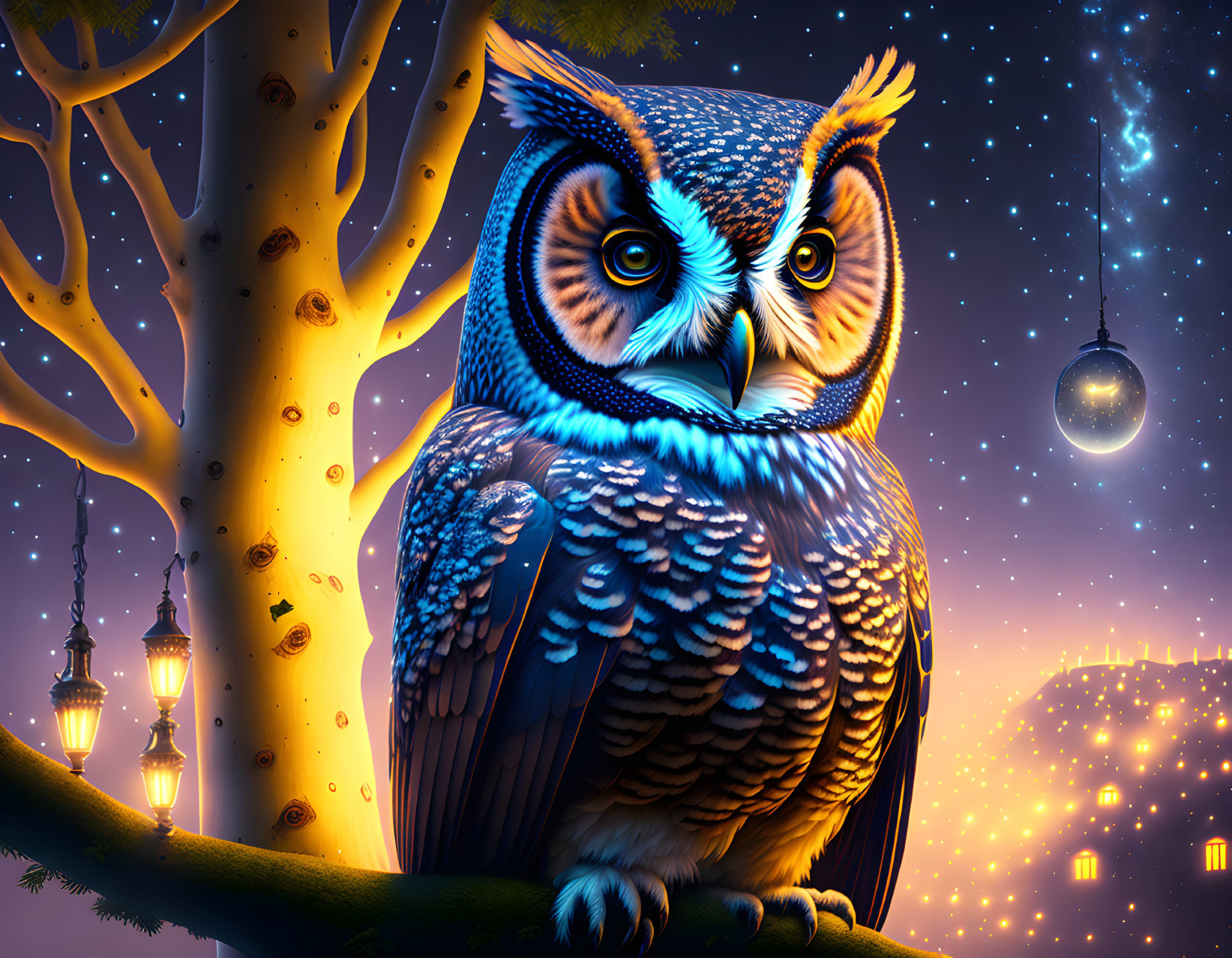 Detailed Owl Perched on Branch in Enchanted Night Scene