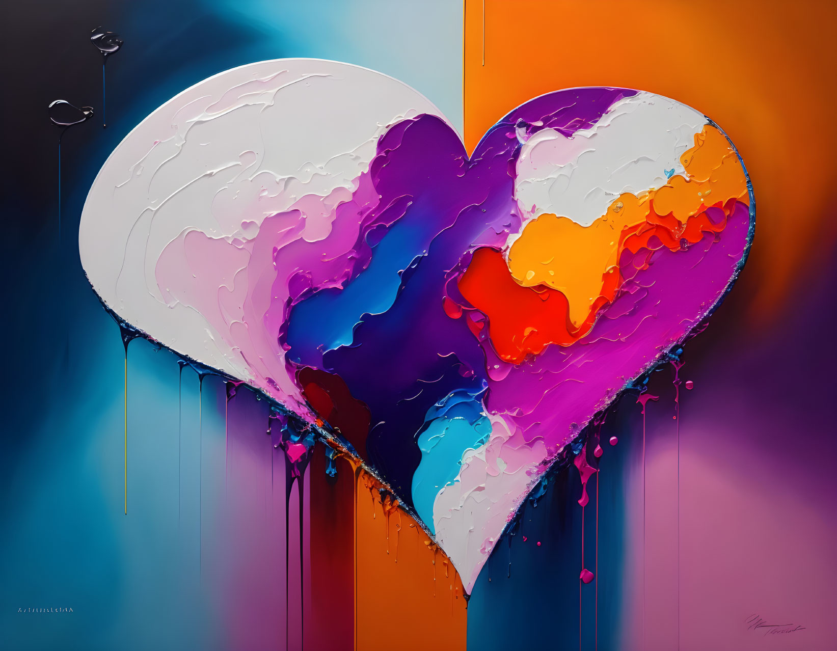 Colorful Heart with Dripping Paint Effect on Gradient Background