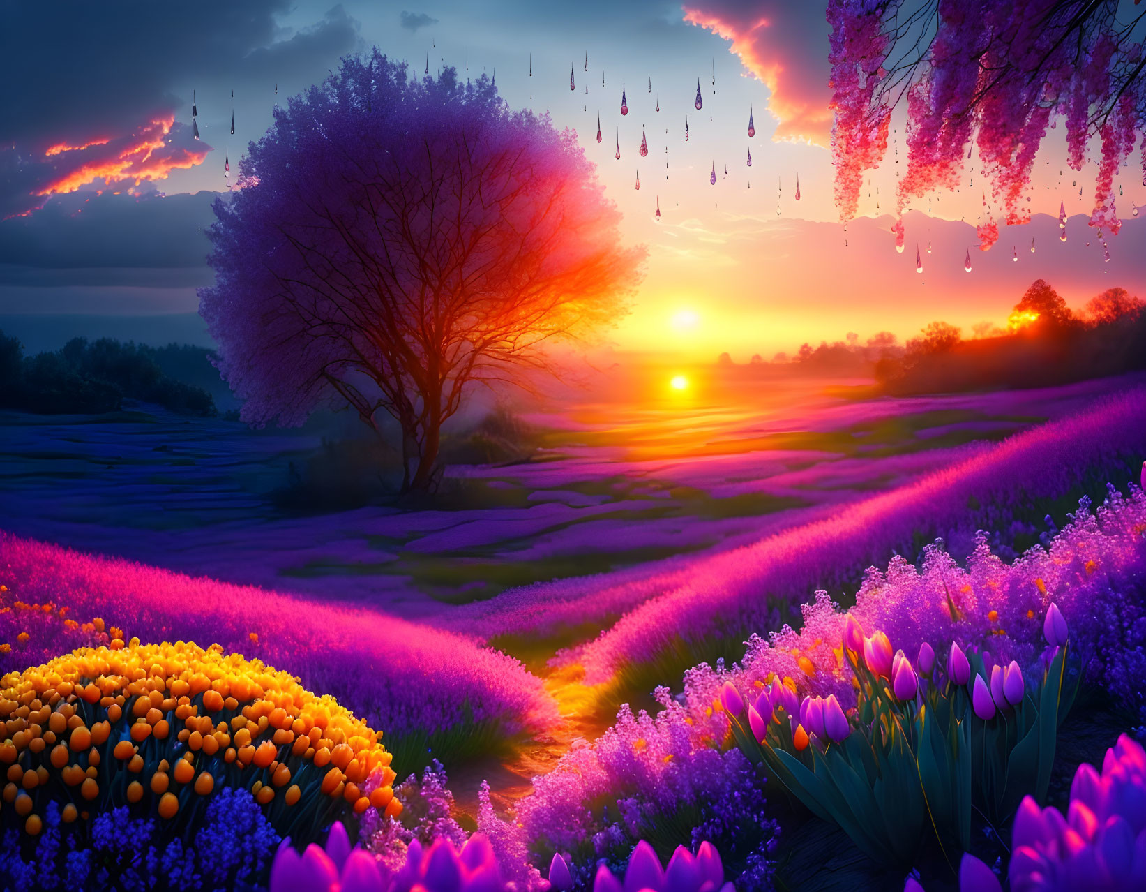 Colorful sunset over tree and flower field in purple, pink, and yellow