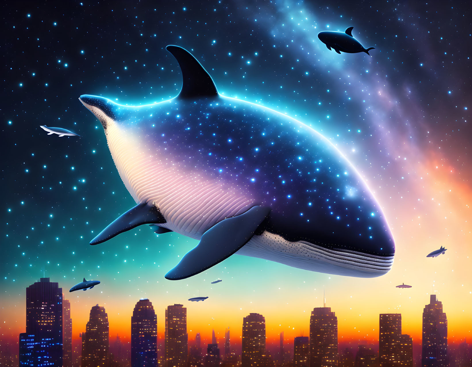 Starry whales above city skyline in cosmic dreamscape