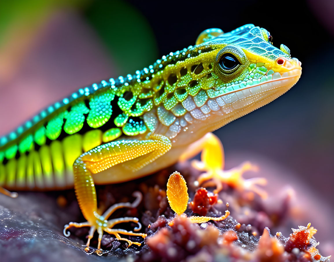 Colorful Dew-Covered Lizard on Purple Textured Surface