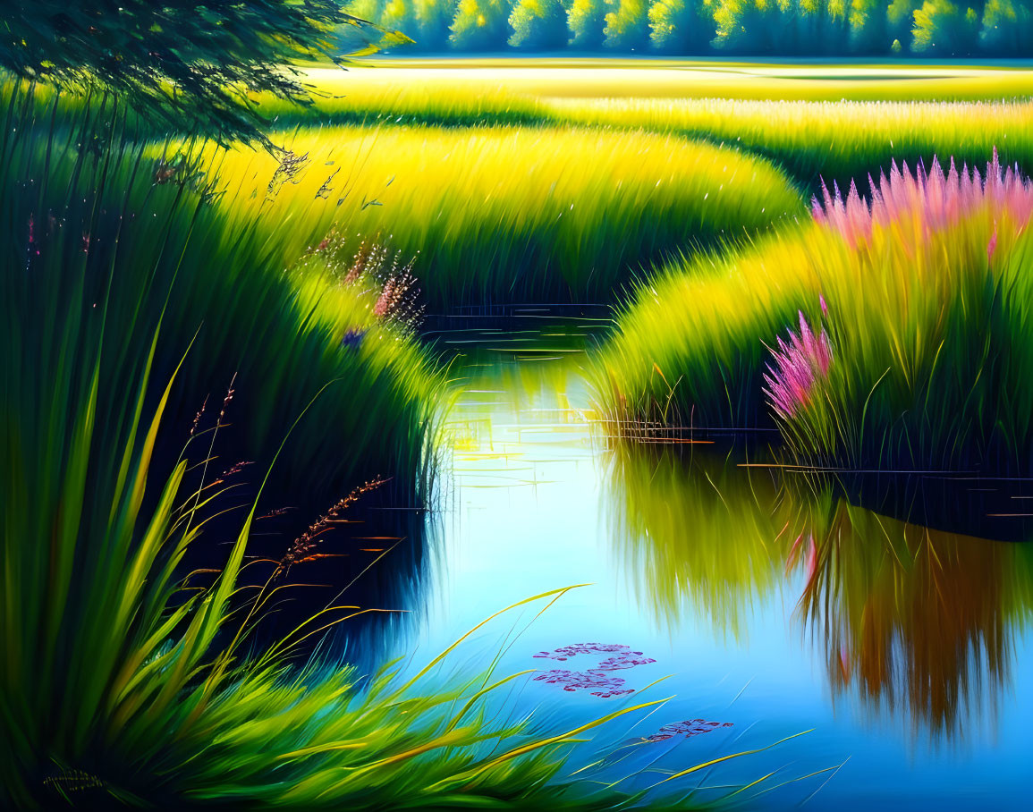 Serene lake painting with lush grass and wooden bridge