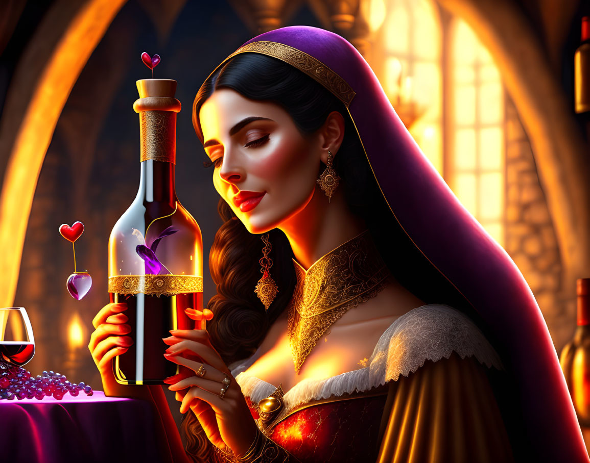 Medieval fantasy illustration of woman with dark hair holding magical bottle near stained-glass window at dusk