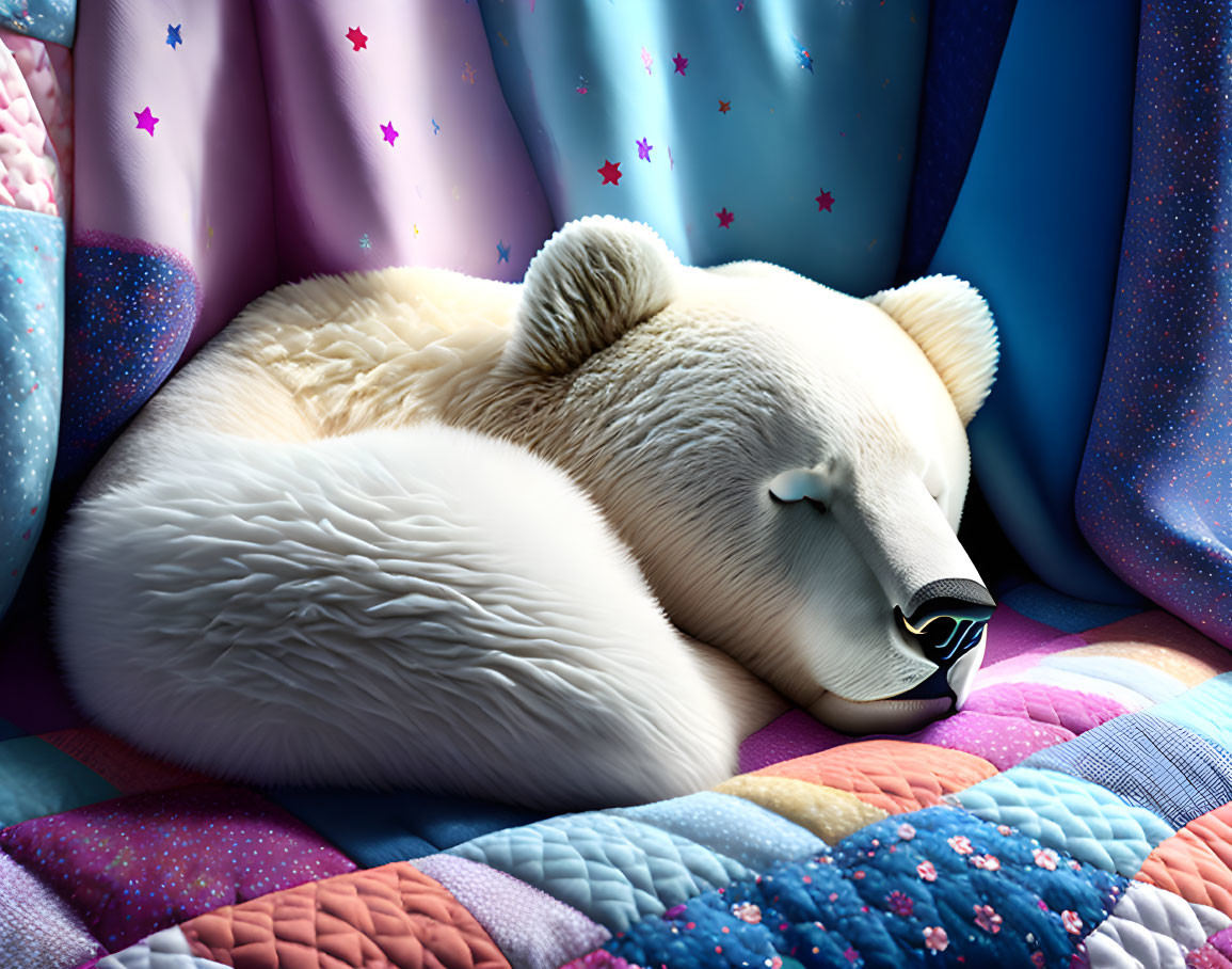 Plush Polar Bear Toy Among Colorful Quilts with Stars and Geometric Shapes